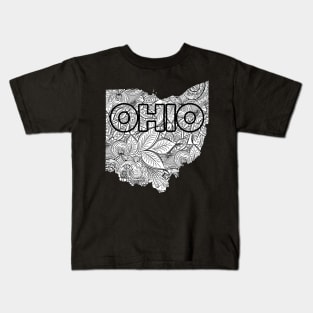Mandala art map of Ohio with text in white Kids T-Shirt